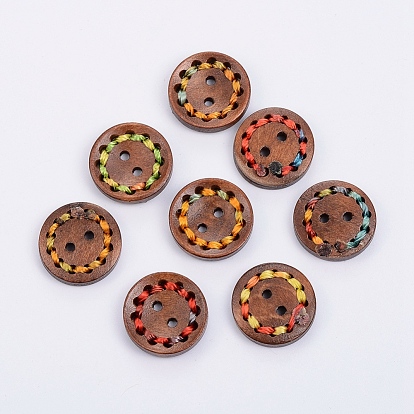Round Painted 2-Hole Buttons with Colorful Thread , Wooden Buttons