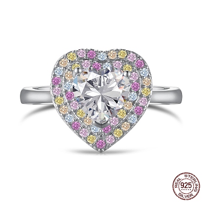 925 Sterling Silver Heart Finger Ring with Colorful Cubic Zirconia, with S925 Stamp