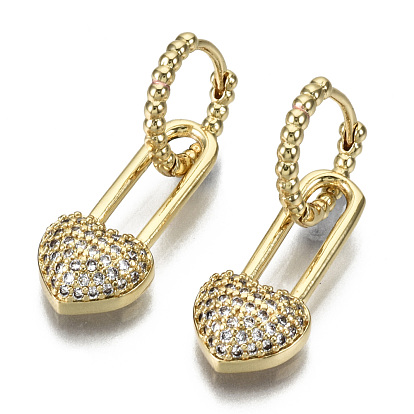 Brass Micro Pave Clear Cubic Zirconia Dangle Huggie Hoop Earrings, Nickel Free, Heart