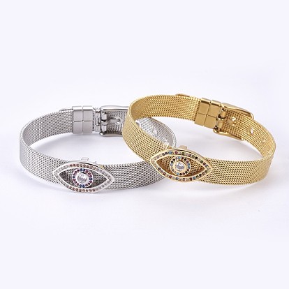 Unisex 304 Stainless Steel Watch Band Wristband Bracelets, with Brass Micro Pave Cubic Zirconia Slider Charms, Evil Eye