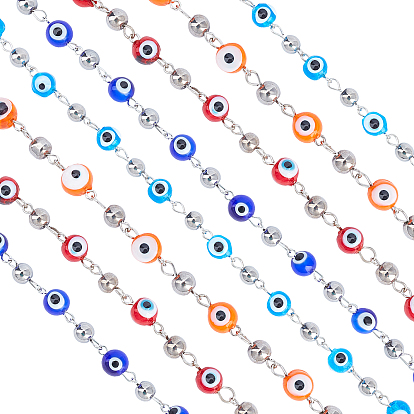 Hechos a mano malos cadenas de perlas de los ojos redondos de murano para collares pulseras hacer, Con perlas de vidrio redondas y perno de ojo de hierro., sin soldar