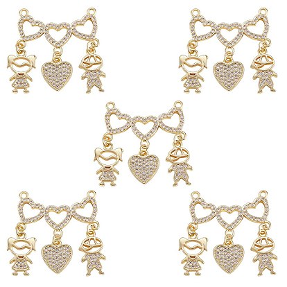 5Pcs Valentine's Day Theme Brass Micro Pave Clear Cubic Zirconia Pendants, Nickel Free, Heart with Couple