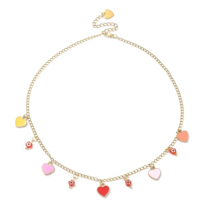 Alloy Heart & Millefiori Glass Flower Bib Necklace with Ion Plating(IP) Handmade 304 Stainless Steel Chains