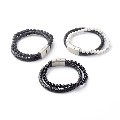 Natural Mixed Stone Round Beads Multi-strand Bracelets, with Braided Cowhide Leather Cord
