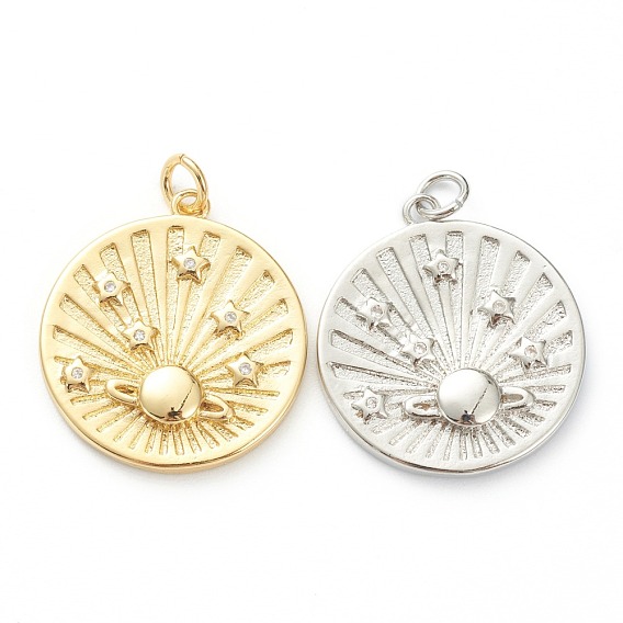 Латунные микропаве прозрачные подвески с фианитом, долговечный, плоский круглый с планетой