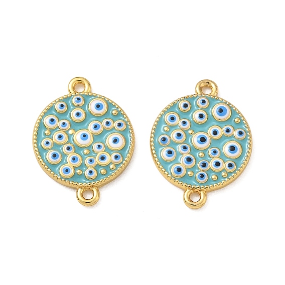 Brass Enamel Connector Charms, Flat Round with Evil Eye Links, Golden