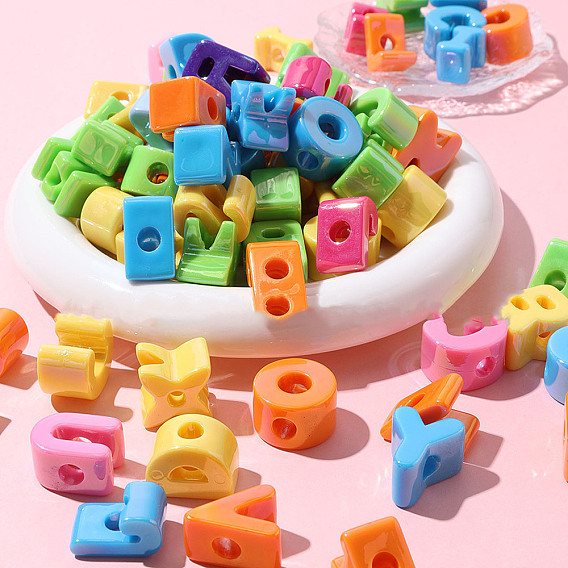 УФ-покрытие непрозрачные акриловые европейские бусины, бусины с большим отверстием, радужный, буквы