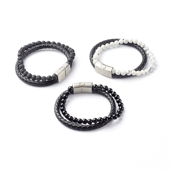 Natural Mixed Stone Round Beads Multi-strand Bracelets, with Braided Cowhide Leather Cord
