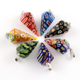 Cone Handmade Millefiori Glass Pendants, with Platinum Plated Iron Findings, 39~40x17x17mm, Hole: 10x4mm
