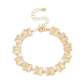 Clear Cubic Zirconia Rectangle with Word Love Link Chains Bracelet, Brass Jewelry for Women, Cadmium Free & Lead Free
