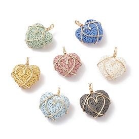 Unwaxed Natural Lava Rock Pendants, Essential Oil Diffuser Dangling Pendants, with Real 18K Gold Plated Eco-Friendly Copper Wire, Heart Charm, Dyed