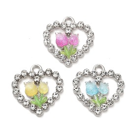 Platinum Alloy Glass Pendants, with Resin, Heart with Flower