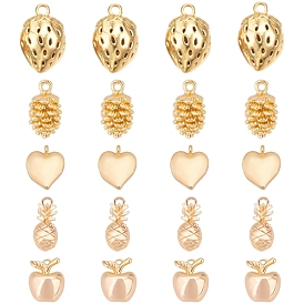 BENECREAT 20Pcs 5 Style Brass Charms, Nickel Free, with Loops, Apple & Strawberry & Heart & Conifer Cone & Pineapple