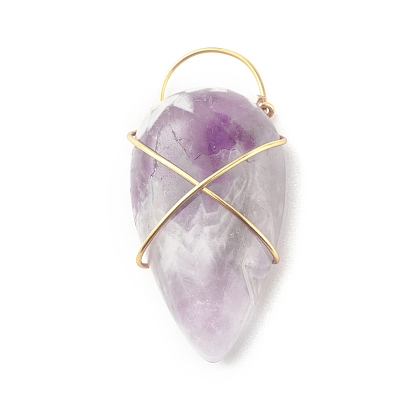 Pendentifs en pierre améthyste naturel, avec du vrai fil de cuivre écologique plaqué or k, larme