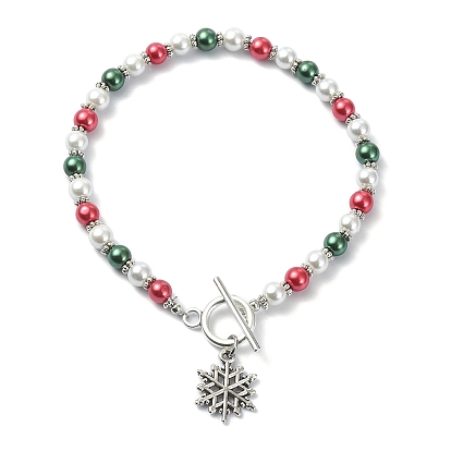 Pulsera elástica con cuentas redondas y perlas de cristal de colores, Con dijes de aleación de estilo tibetano con tema navideño.