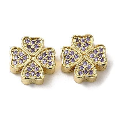 Rack Plating Brass Micro Pave Cubic Zirconia Beads, Long-Lasting Plated, Lead Free & Cadmium Free, Clover