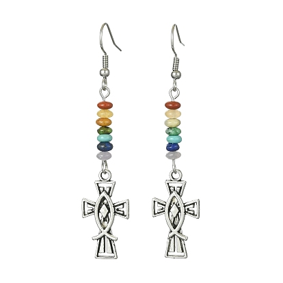 Alloy Enamel Cross Dangle Earrings, Natural & Synthetic Mixed Gemstone Beaded Chakra Theme Earrings