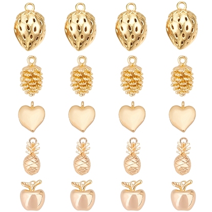 20Pcs 5 Style Brass Charms, Nickel Free, with Loops, Apple & Strawberry & Heart & Conifer Cone & Pineapple