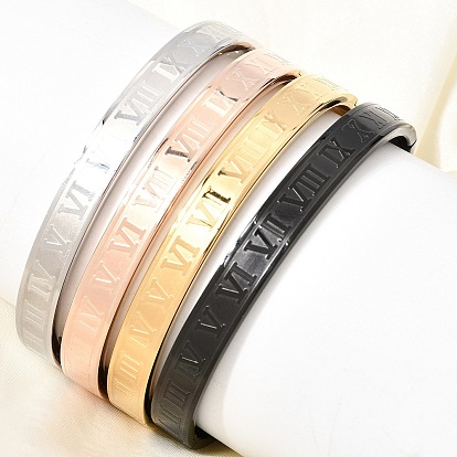 304 Bracelets manchettes articulés en acier inoxydable avec chiffres romains pour femmes, placage ionique (ip)