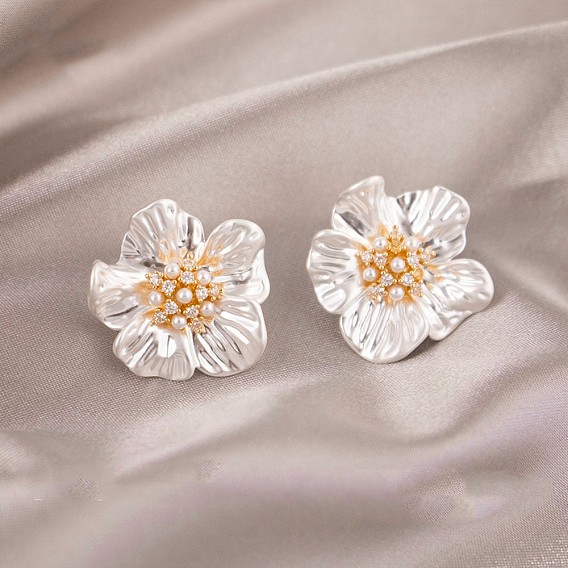 Alloy & Rhinestone Stud Earrings, Flower, Plastic Pearl & Resin Earrings