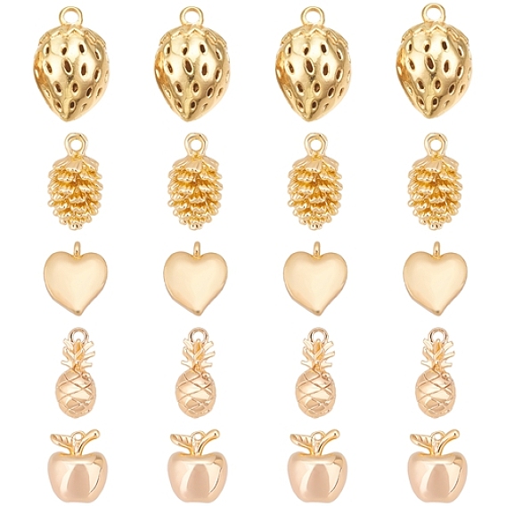 20Pcs 5 Style Brass Charms, Nickel Free, with Loops, Apple & Strawberry & Heart & Conifer Cone & Pineapple
