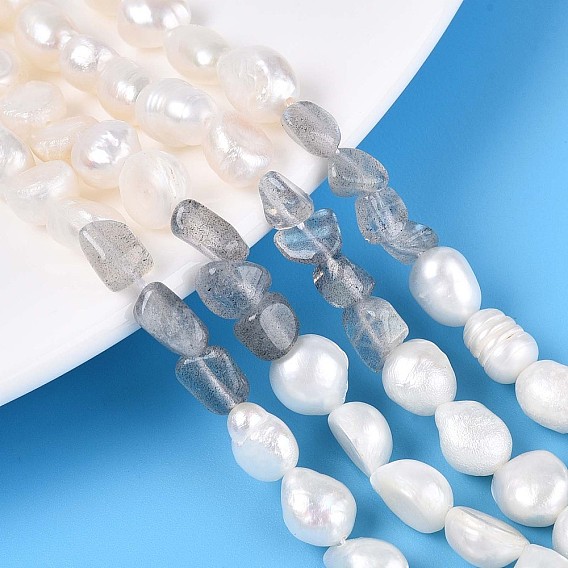 Натуральные самородки лабрадорита и нити бусин из натурального культивированного пресноводного жемчуга