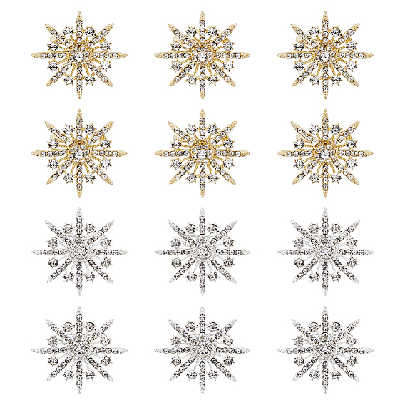 12Pcs 2 Colors Snowflake Alloy Rhinestone Lapel Pins for Backpack Clothes