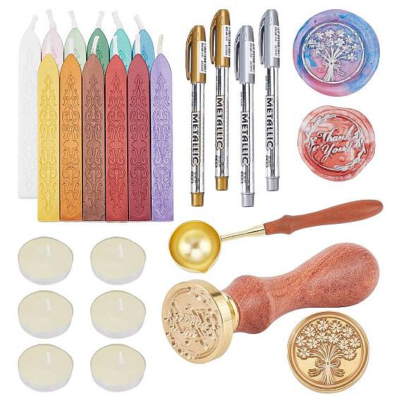 Kits de fabrication de scrapbooking bricolage, y compris les bâtons de cire à cacheter, tampon de cire en laiton et poignées en bois, bâtons de cire en laiton fonte cuillère, bougie et marqueurs
