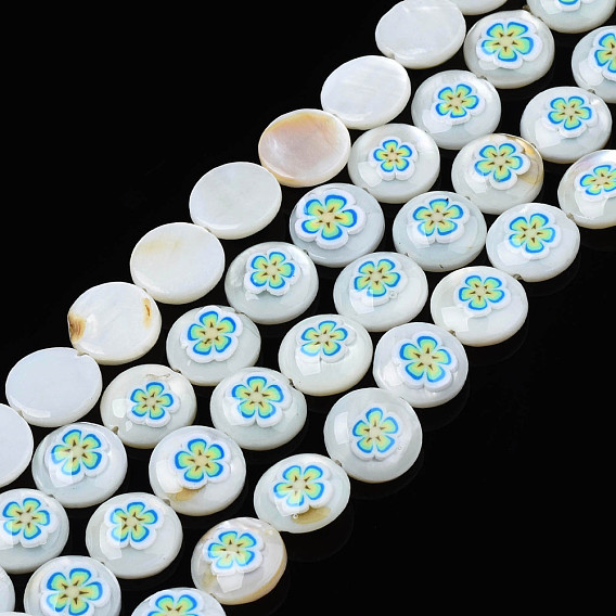 Natural Freshwater Shell Enamel Beads, Flat Round with Flower