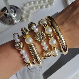 Ensembles de bracelets extensibles en plastique, fausses perles et perles de verre ccb, bracelets empilables réglables, fleur et le coeur