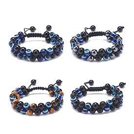 4Pcs 4 Style Natural Eyeless Obsidian & Mixed Gemstone & Resin Evil Eye Braided Bead Bracelets Set, Double Layer Lucky Adjustable Bracelets for Men Women