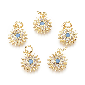 Brass Micro Pave Cubic Zirconia Charms, with Synthetic Turquoise & Jump Rings, Sun, Clear