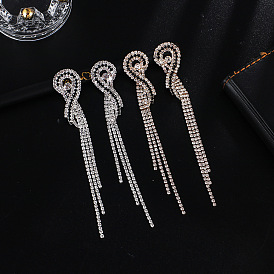 Chic and Elegant Black & White Tassel Earrings with Full Diamond Fringe Chain - Simple and Atmospheric Ear Jewelry (E663)