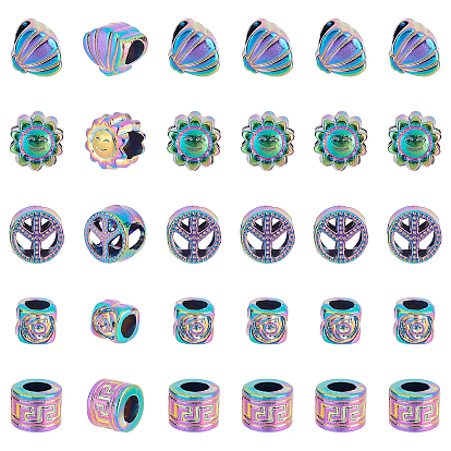 30Pcs 5 Style Rainbow Color Alloy European Beads, Large Hole Beads, Cadmium Free & Nickel Free & Lead Free, Mixed Shapes