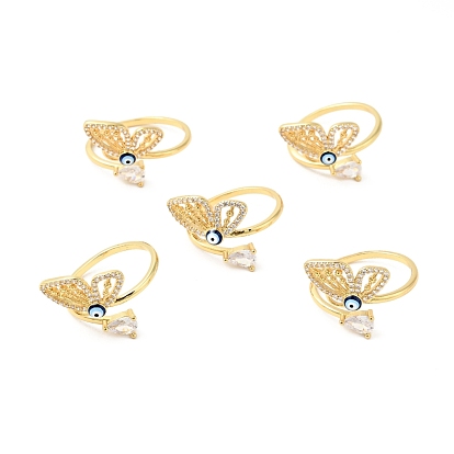 Papillon en oxyde de zirconium transparent avec anneau de manchette ouvert mauvais œil en émail, bijoux en laiton pour femmes, sans cadmium et sans nickel et sans plomb