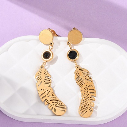 304 серьги-гвоздики с подвесками в виде перьев из нержавеющей стали, со стеклом, ионное покрытие (ip)