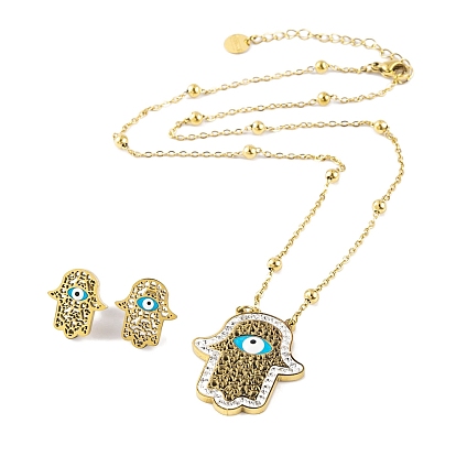 Hamsa Hand with Evil Eye Resin & Rhinestone Stud Earrings & Pendant Necklaces Sets, 304 Stainless Steel Jewelry Sets for Women