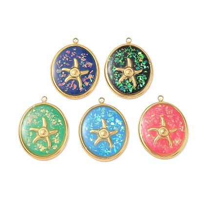 304 подвески из нержавеющей стали, эпоксидной смолы, с натуральными ракушками и пайетками внутри, овал с подвесками в виде морских звезд, реальный 18 k позолоченный, вакуумное покрытие pvd