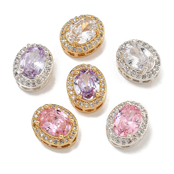 Латунные микро проложить кубического циркония бусы, со стеклом, овальные