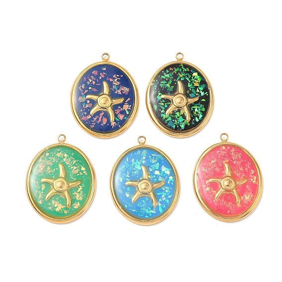 304 подвески из нержавеющей стали, эпоксидной смолы, с натуральными ракушками и пайетками внутри, овал с подвесками в виде морских звезд, реальный 18 k позолоченный, вакуумное покрытие pvd