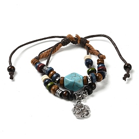 Synthetic Turquoise Polygon & Natural Wooden Beaded Double Layer Multi-strand Bracelet, Braided Adjustable Bracelet with Alloy Flower Charms