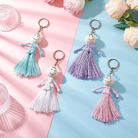 Cotton Keychains, with Iron Split Key Rings and Wood Beads, Human, Golden