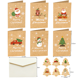 6Pcs Tent-fold Card and 6Pcs Envelope Set, with 6Pcs Tree Stickers, Christmas Themed Pattern, for Festival Greeting, Party Invitation