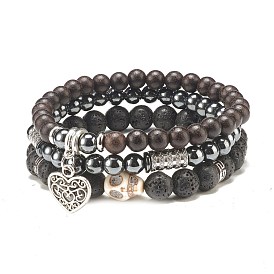 3Pcs 3 Style Natural Lava Rock & Wood Beaded Stretch Bracelets Set with Skull, Essential Oil Gemstone Jewelry with Heart Charm for Women