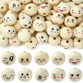 100Pcs Printed Wood European Beads, Round with Smiling Face