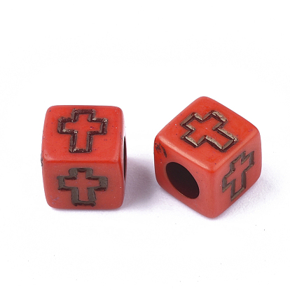 Acrylic Beads, Cube with Cross