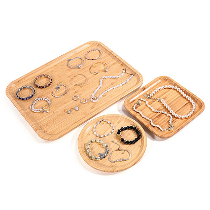 Bandeja organizadora de joyas de bambú, pendiente anillo pulsera collar placa de exhibición, redondo/cuarto/rectángulo