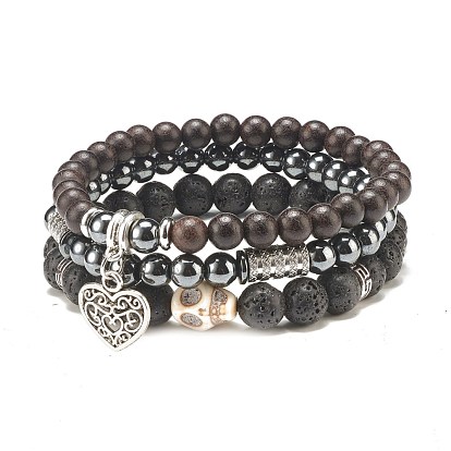 3Pcs 3 Style Natural Lava Rock & Wood Beaded Stretch Bracelets Set with Skull, Essential Oil Gemstone Jewelry with Heart Charm for Women