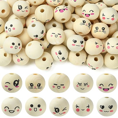 100Pcs Printed Wood European Beads, Round with Smiling Face