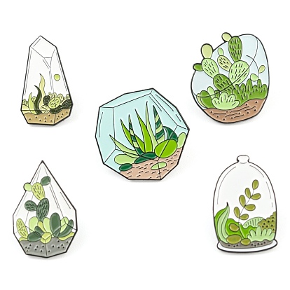 5Pcs 5 Style Creative Zinc Alloy Brooches, Enamel Pin, with Iron Butterfly Clutches or Rubber Clutches, Electrophoresis Black Color, Cactus & Plant